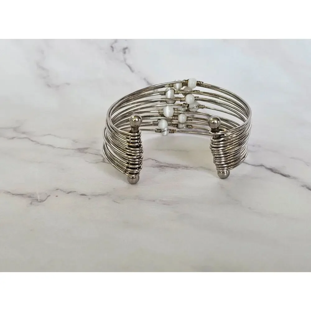 Vintage Multi-Strand Wire Wrap Open Cuff Bracelet White Beads Silver Boho 80s